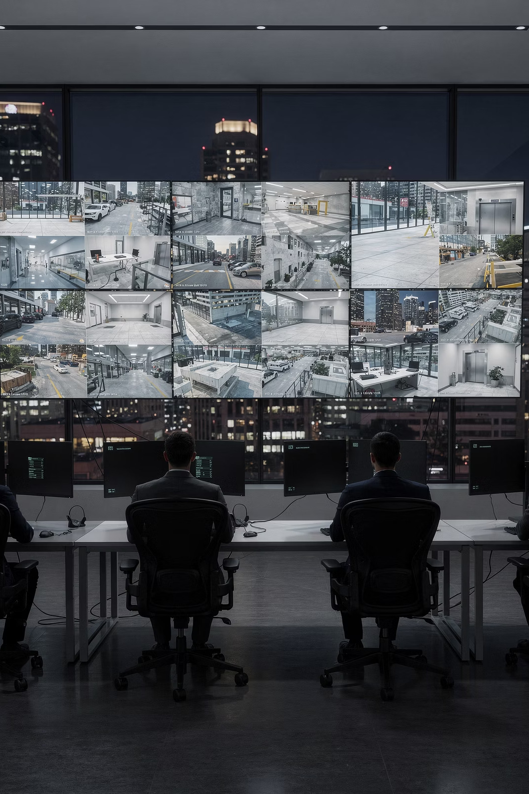 Security operations team monitoring surveillance feeds.
