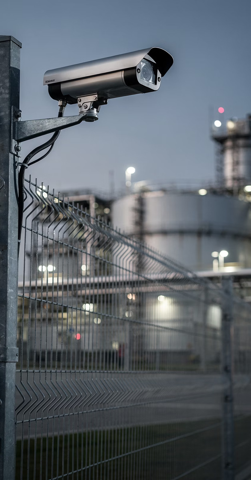 Security camera monitoring a protected industrial perimeter.