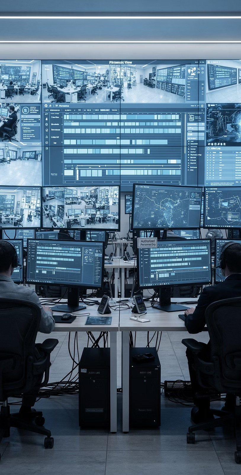 Analysts reviewing intelligence dashboards and surveillance timelines.