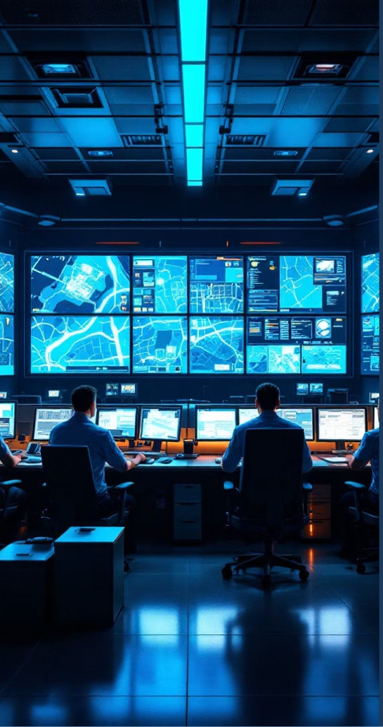 Incident response command center with operators monitoring maps and real-time alerts.